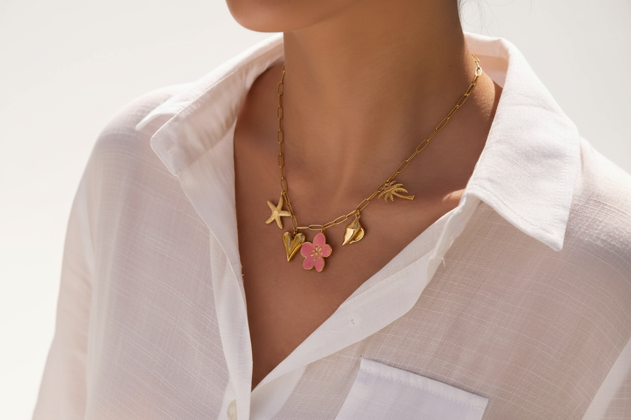 Beach Theme Pendant Necklace with Resin Flower