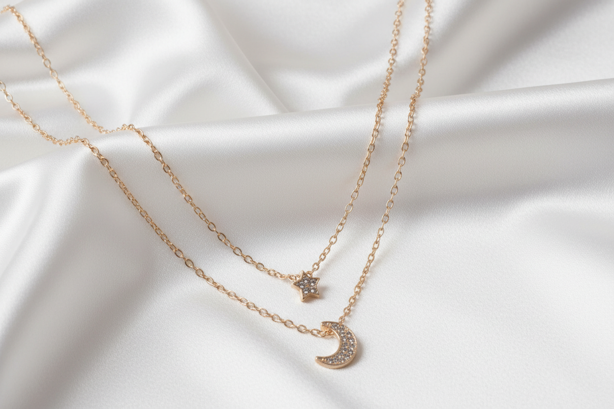 Double Layered Star and Moon Pendant Necklace