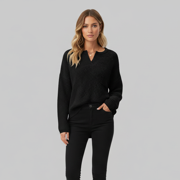 Notched Long Sleeve Sweater