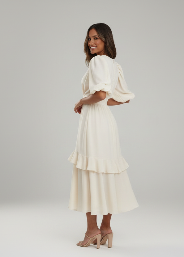 Woman in a white dress standing in front of photography equipment on a white background