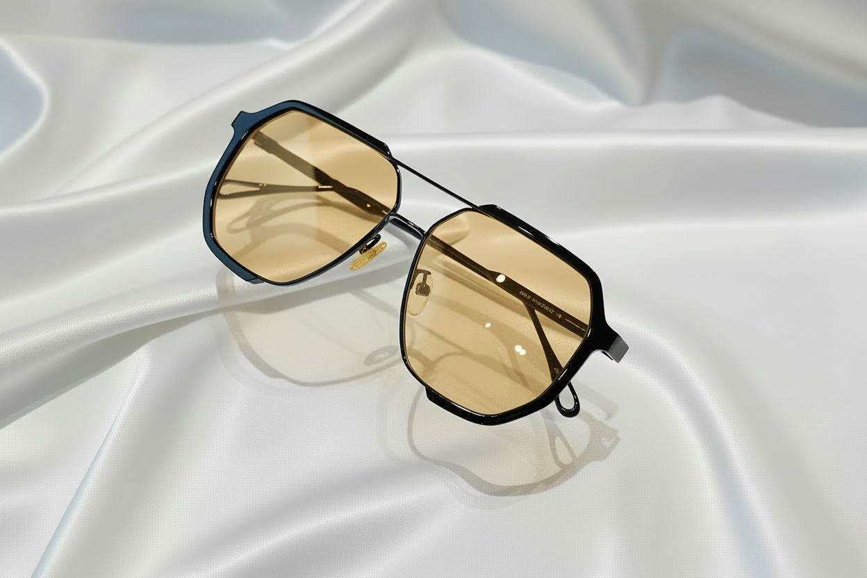 Sunglasses with gold-tinted lenses on a white fabric background