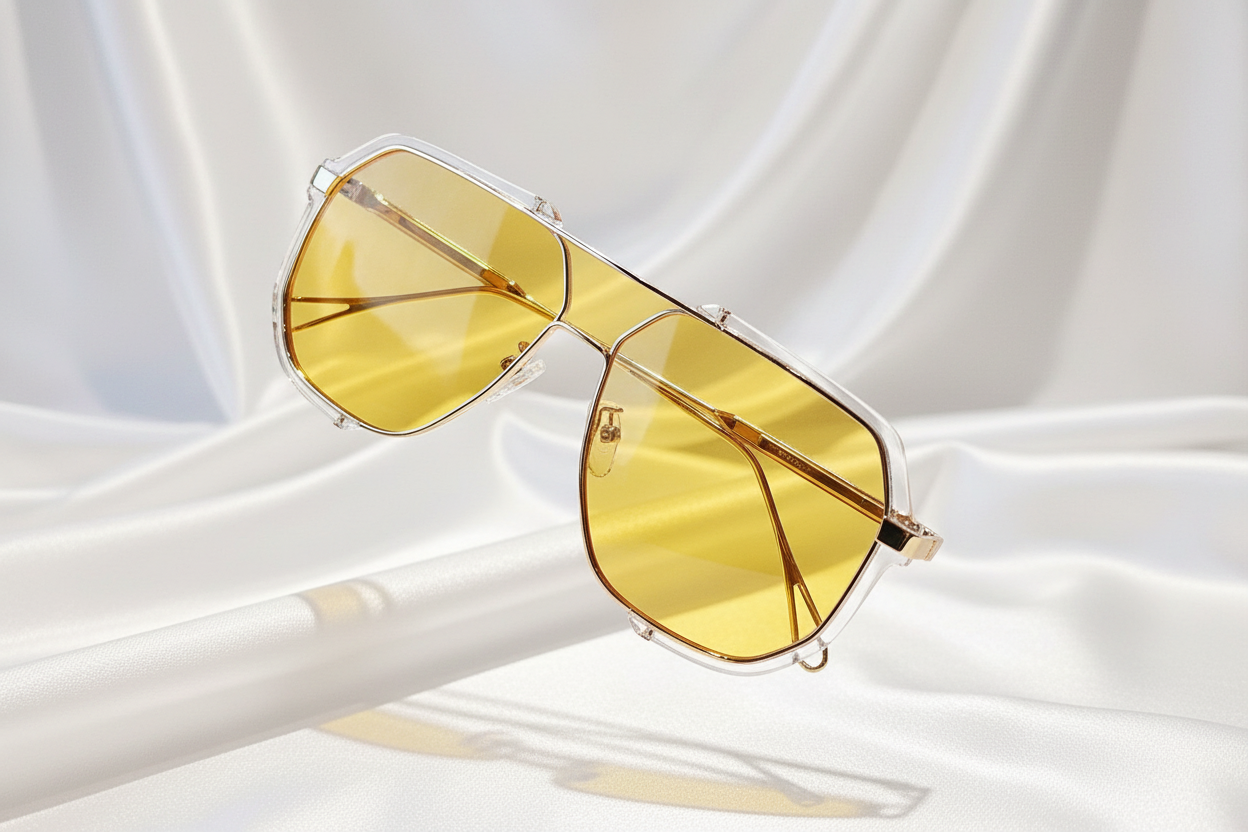 Aviator sunglasses with yellow lenses on a white fabric background
