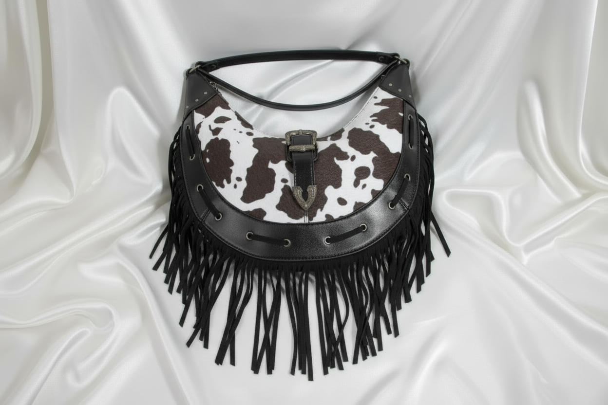 Fame Cow Print Faux Leather Fringe Hobo Bag