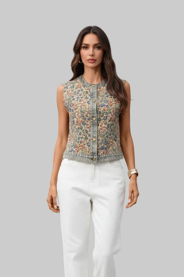 Woman wearing a sleeveless floral top and white pants on a gray background