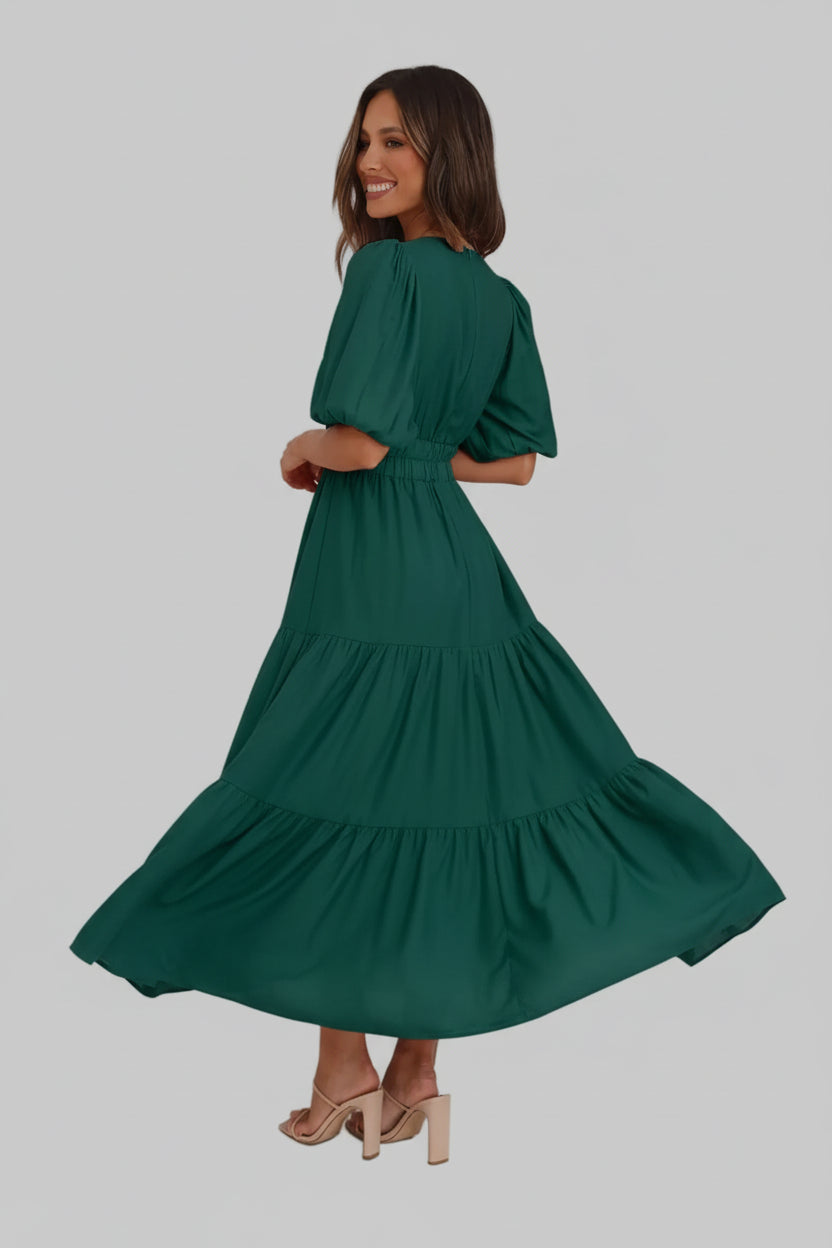 Tiered Puff Sleeve Midi Dress
