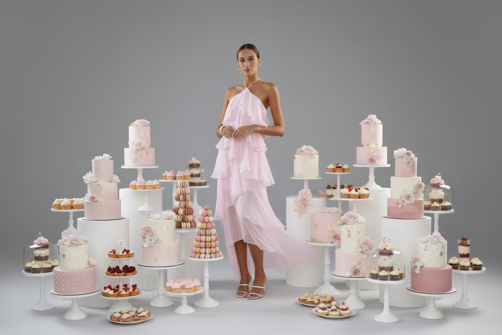 Woman wearing a pink ruffled dress standing around cakes