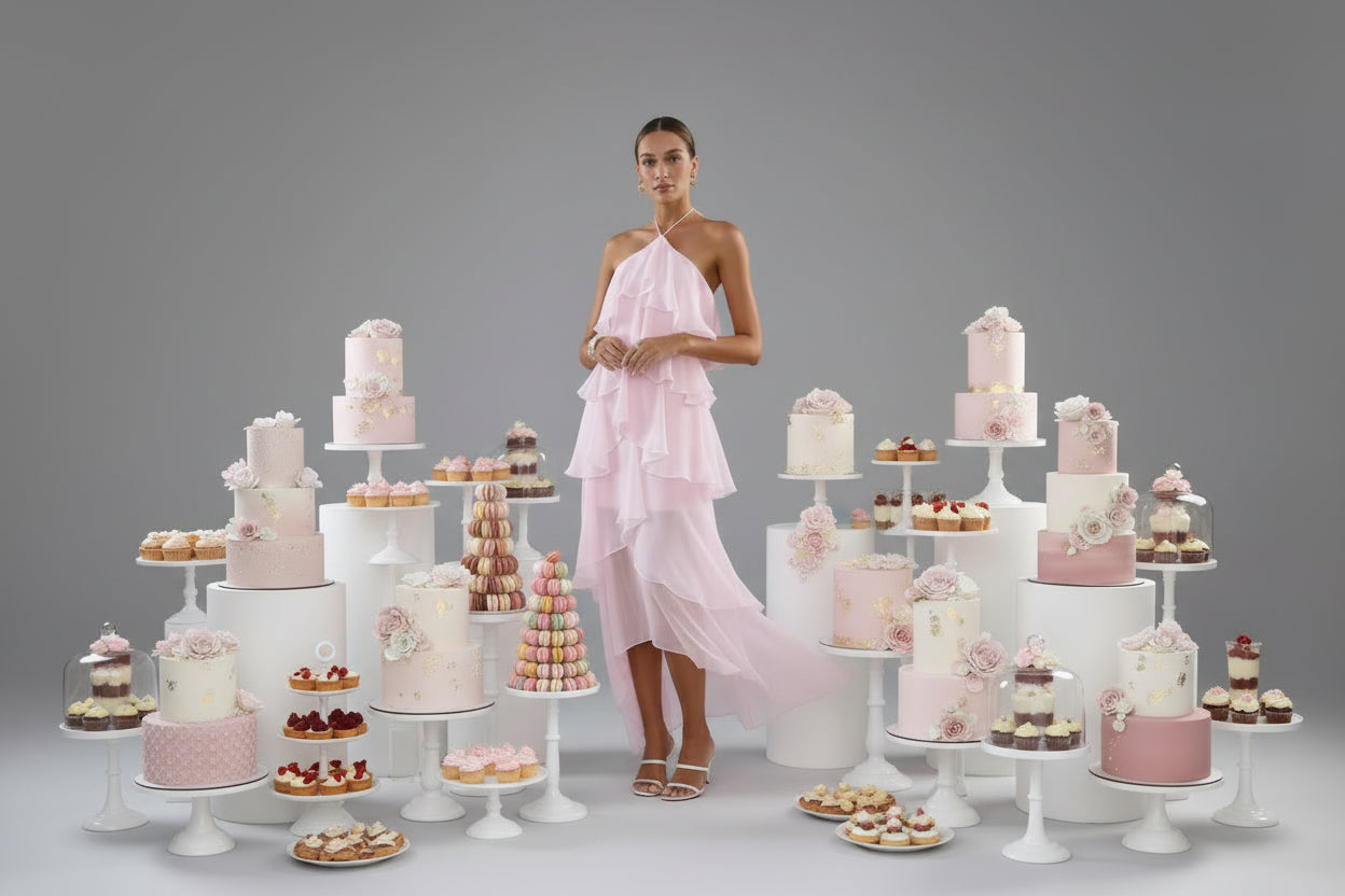 Woman wearing a pink ruffled dress standing around cakes
