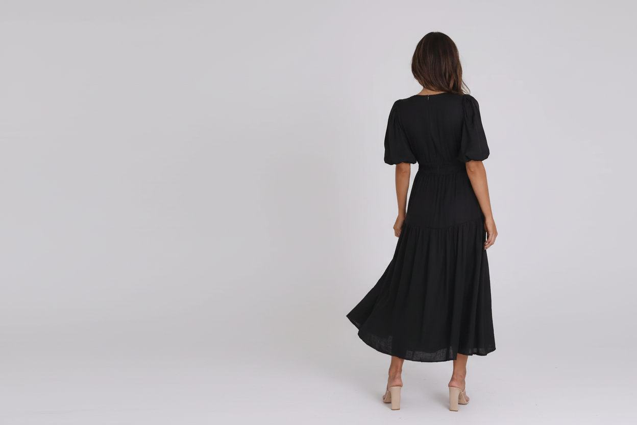 Tiered Puff Sleeve Midi Dress